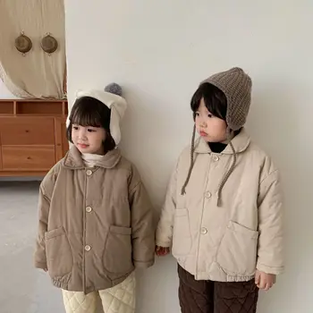 Зимните Памучни палто за малки момичета, на Новост 2021 г., на Корейското Зимно палто с кадифена подплата, за момчета и момичета, Однотонная Топла Горна дреха
