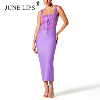 Дамско дантелено рокля JUNE УСТНИ с лилаво дантела 2023, лятна секси риза без ръкави, с V-образно деколте, елегантен midi-парти на знаменитости в нощен клуб Dre