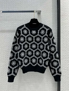 2023 Нов дамски Есенно-зимен Класически Модерен лесно Сладко Черно-бял пуловер с бродерия