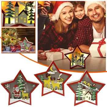 Коледен орнамент във формата на дървена Звезда с led осветяване, 3D Дървена звезда, захранван с батерии, Празничен led декор