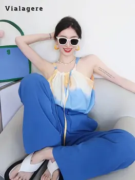 Корейски Модерен Случаен Комплект от две части в уличном стил, Женски Лятна Жилетка с равен брой гласове-боя, Съкратен Топ + Сини панталони, Комплекти, Панталони Y2K, Костюми