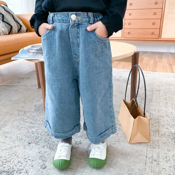 Детски дънки 2023 Пролет-Есен Детски панталони, Дънки за момчета и момичета Свободни Ежедневни Директни Широки дънкови панталони