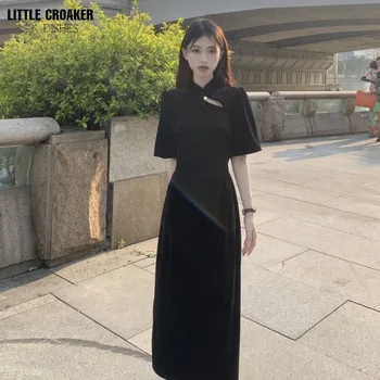Ретро Ново подобрено бархатное рокля Ципао в китайски стил, женски лятото дълга черна рокля с яка Mardarin висок клас в стил Чонсамс